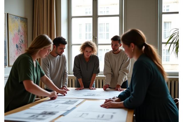 Photo de l'équipe de l'Atelier Lumina discutant d'un plan de design dans un bureau lumineux et élégant de style parisien.