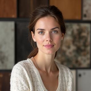 Portrait de Sophie Lenoir, consultante en matériaux, examinant des échantillons de tissu.