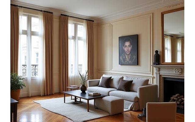 Salon d'un appartement haussmannien rénové avec moulures